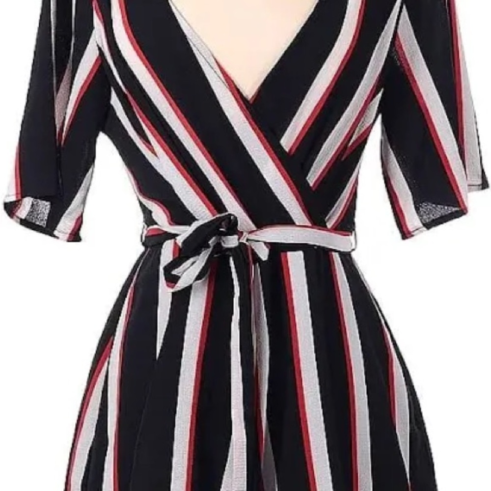 Black Romper with Bold White and Red Stripes